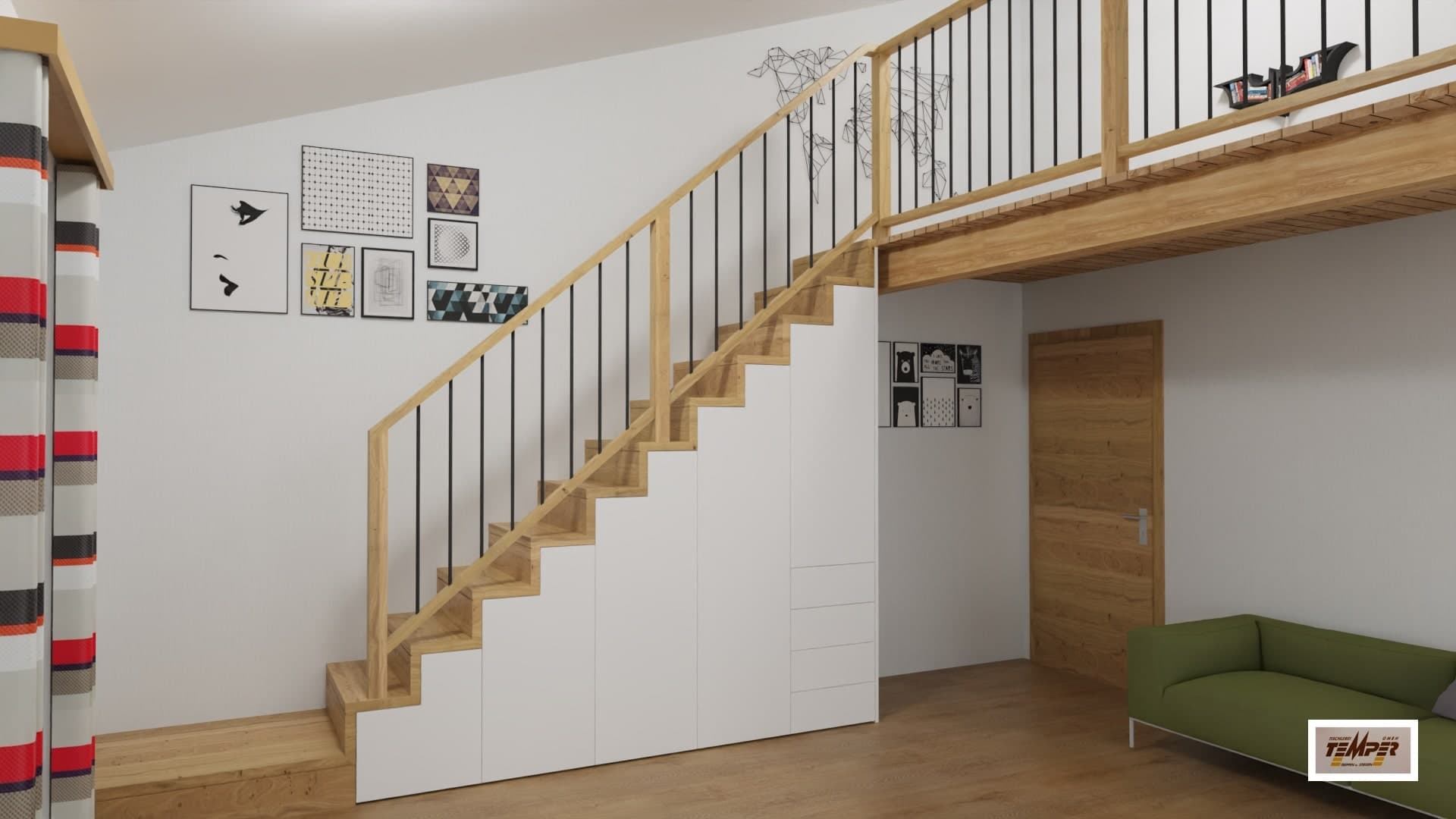 Holztreppe mit schwarzem Stabgeländer - Bild 2