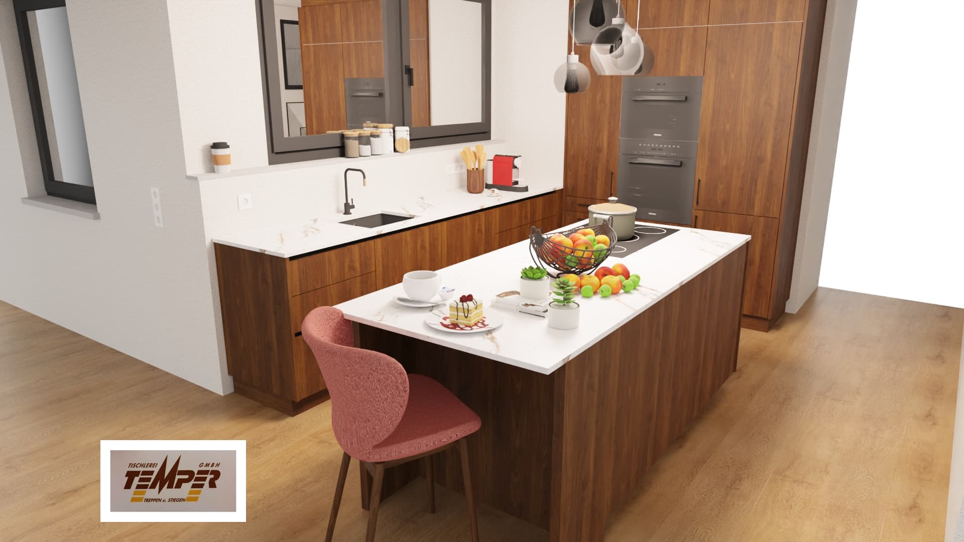 Moderne Walnussküche mit Kochinsel und Natursteinplatte - Bild 2