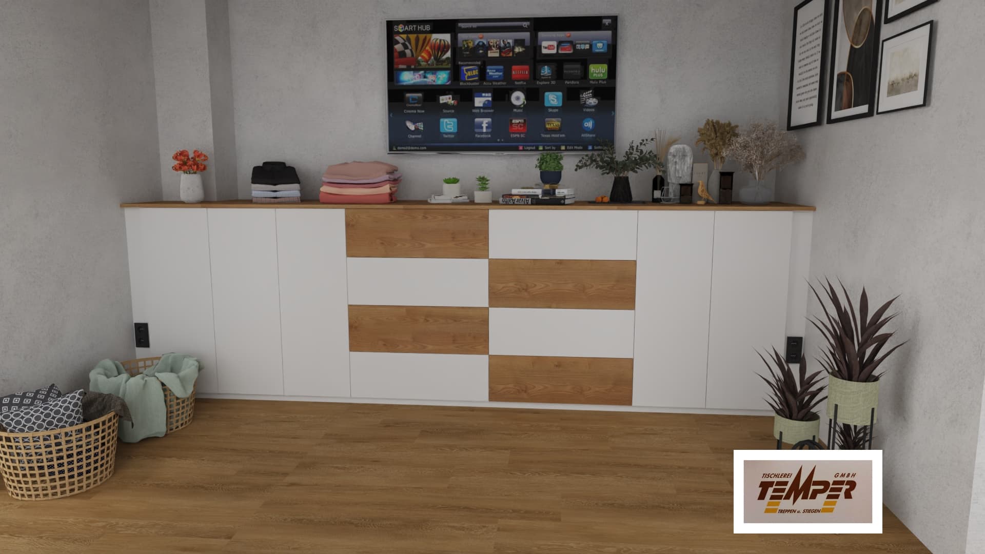 Wohnwand mit Weiß-Holz-Fronten und durchgehendem Sideboard - Bild 1