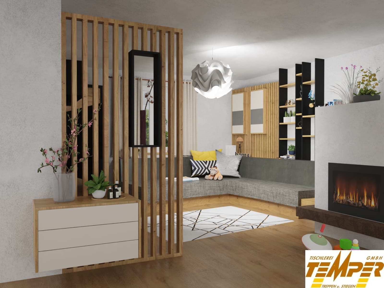 Wohnzimmer Einrichtung mit Holzlamellen und Regalwand - Bild 1