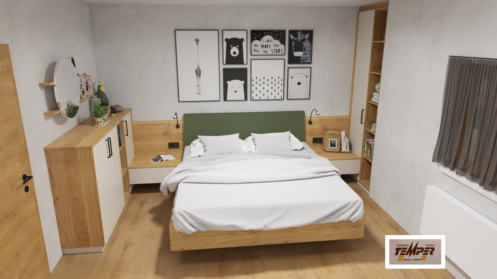 Schlafzimmer in Eiche mit grünem Bettkopfteil - Bild 2