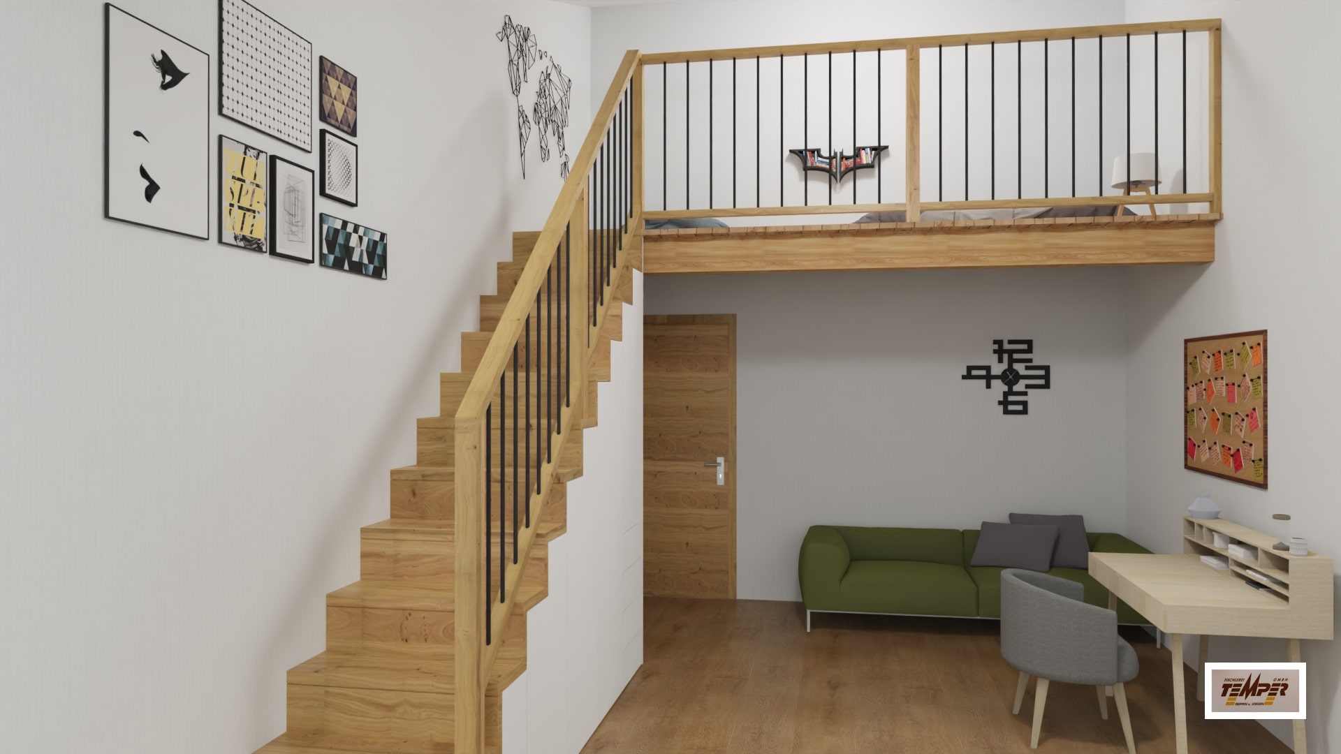 Holztreppe mit schwarzem Stabgeländer