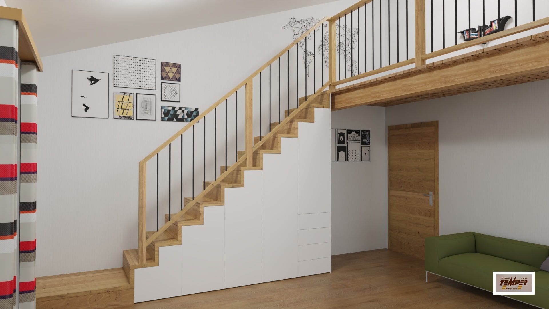 Holztreppe mit schwarzem Stabgeländer - Bild 2