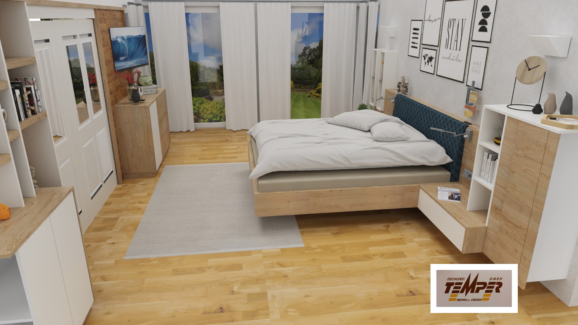 Elternschlafzimmer mit Schiebeelementen und Holzakzenten