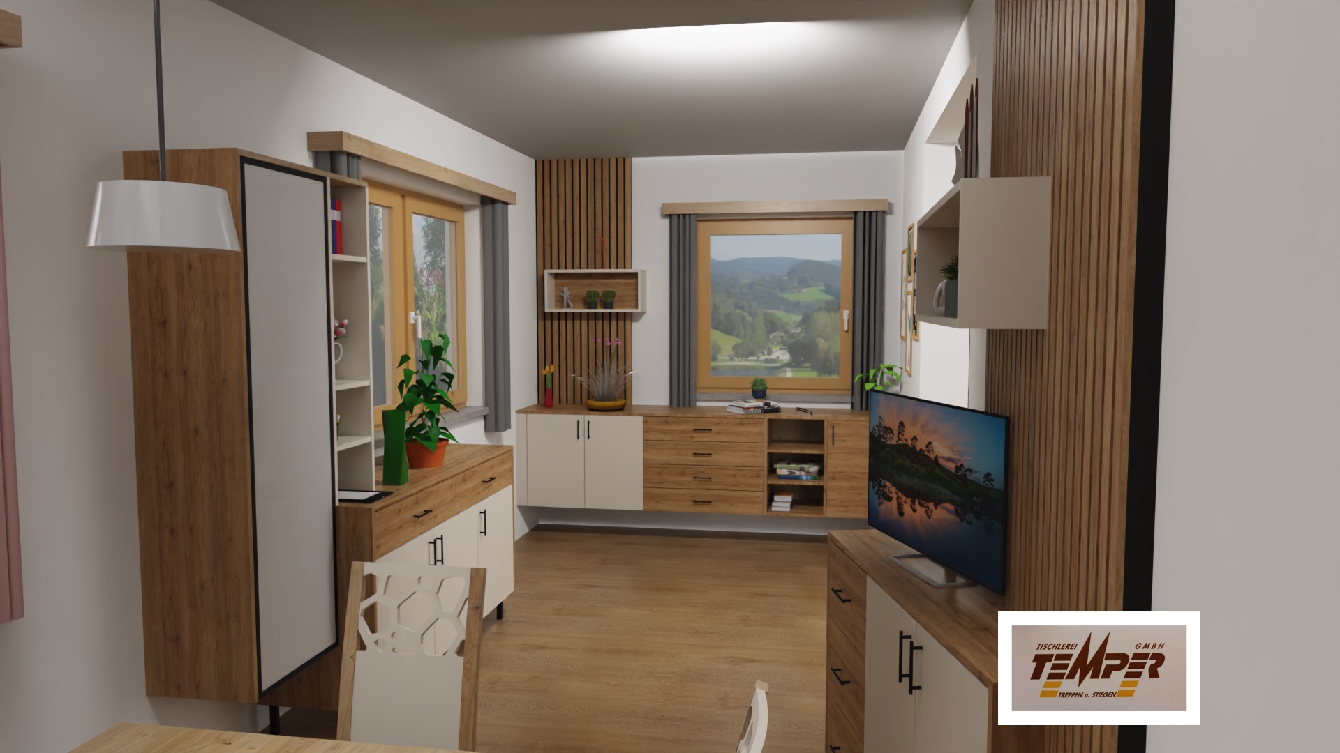 Esszimmermöbel mit Holzlamellen und Hängeschränken - Bild 2