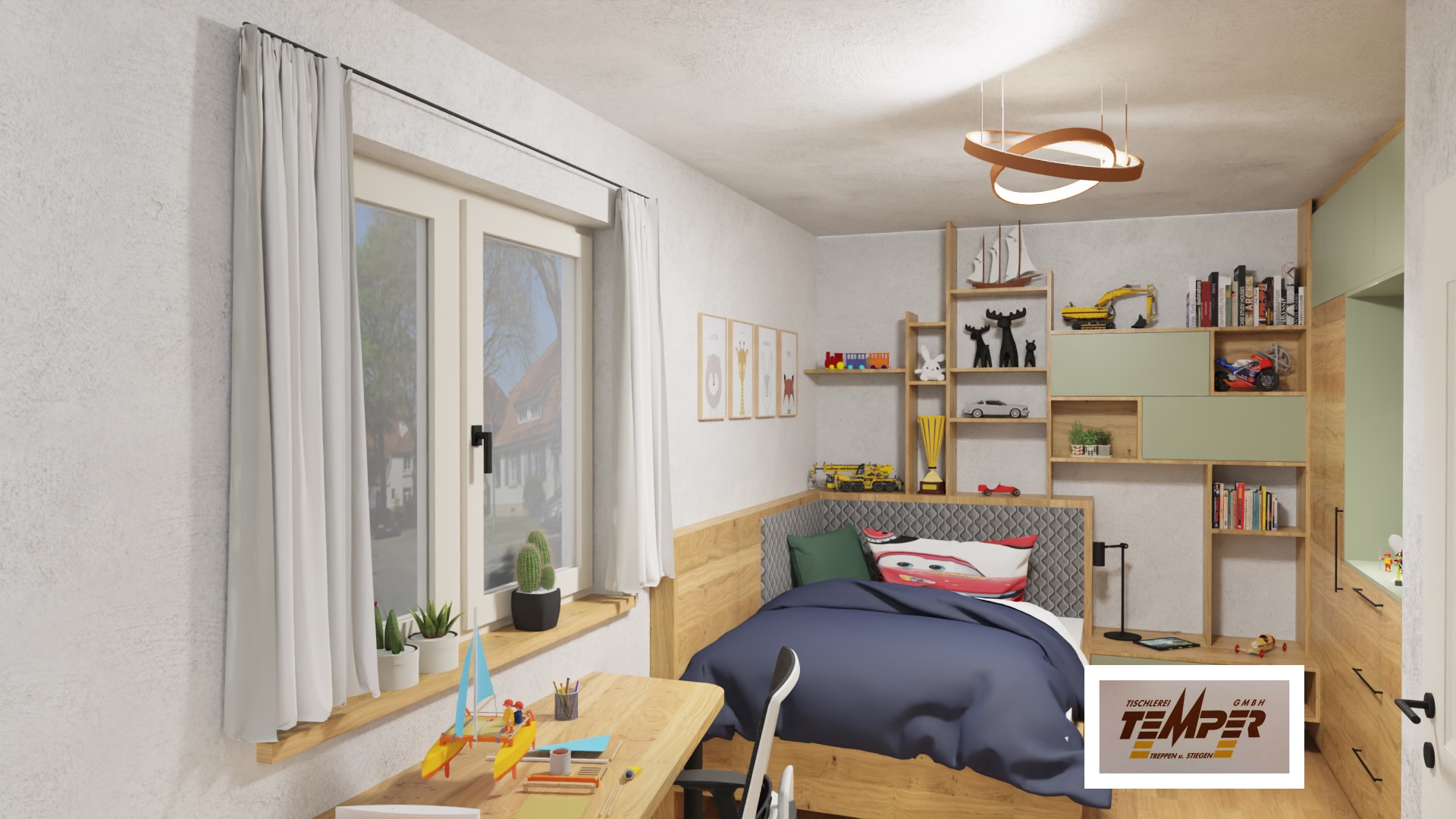 Kinderzimmer Bub mit grünen Akzenten und Massivholz