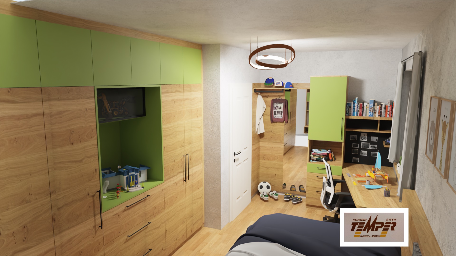 Kinderzimmer Bub mit grünen Akzenten und Massivholz - Bild 3