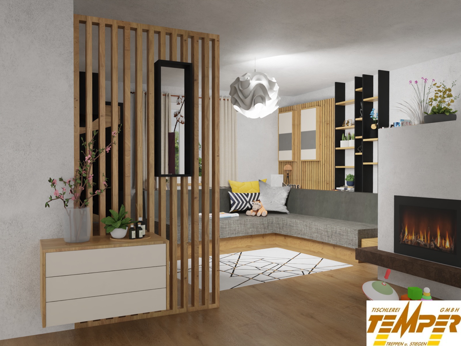 Wohnzimmer Einrichtung mit Holzlamellen und Regalwand